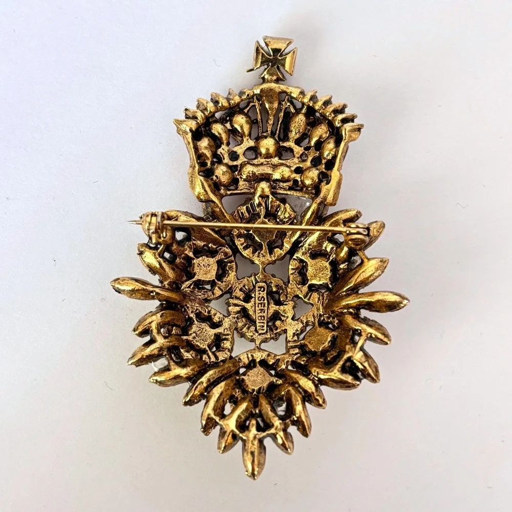 Vtg R Serbin Brooch Crown Royal Crest Gold Tone Rhinestone Aurora Borealis *Read